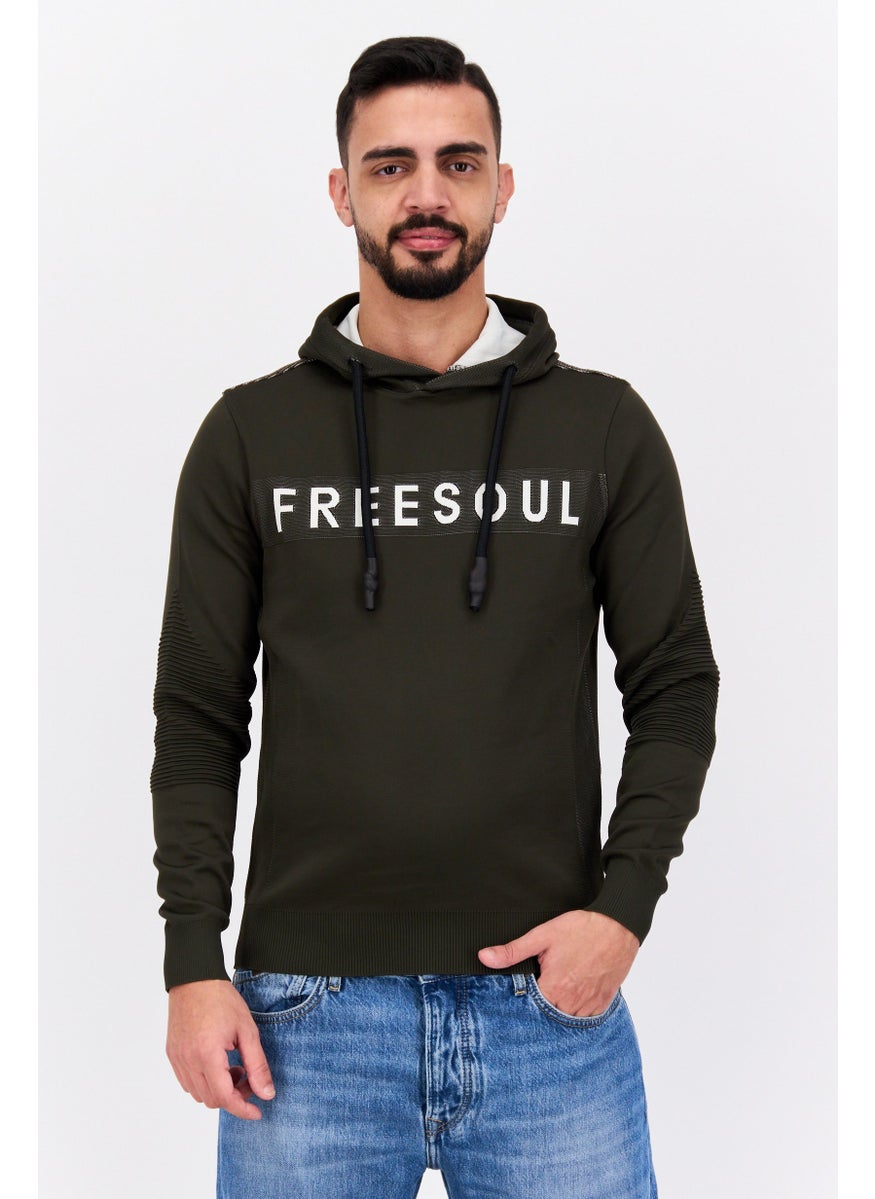 Free Soul - Men Hooded Brand Logo Long Sleeve Sweatshirt, Dark Green - Image 1