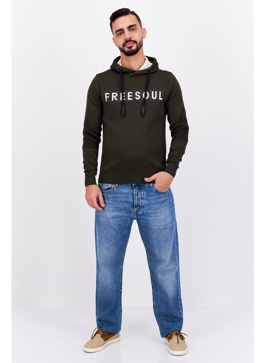 Free Soul - Men Hooded Brand Logo Long Sleeve Sweatshirt, Dark Green - Image 1