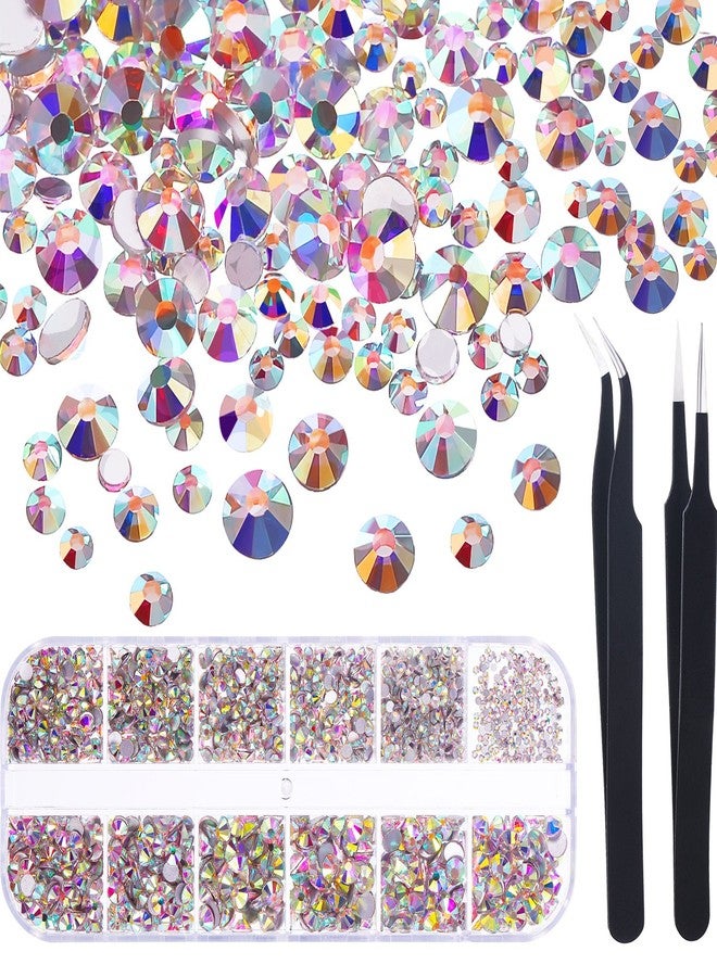 TecUnite 1728 Pieces Crystals Nail Art Rhinestones Round Beads Flatback Glass Charms Gems Stones and 2 Pieces Tweezers with Storage Organizer Box, SS3 6 10 12 16 20, 288 Pieces Each Size (Crystal AB) - Image 1