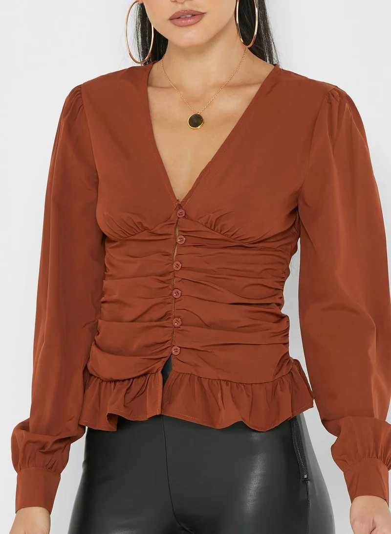 Missguided Tall Button Detail Ruffle Detail Top