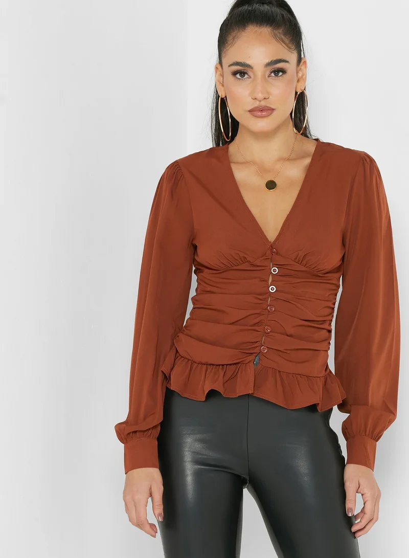 Missguided Tall Button Detail Ruffle Detail Top