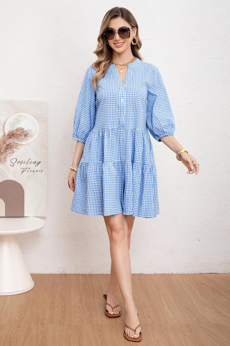 utcoco Women's 2026 Spring Summer Plaid Shirt Dress 3/4 Puff Sleeve Button Down Loose Casual Midi Dress with Pockets (Medium, Blue) - Image 4