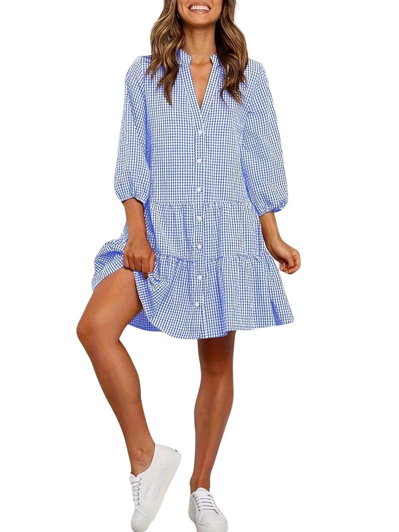 utcoco Women's 2026 Spring Summer Plaid Shirt Dress 3/4 Puff Sleeve Button Down Loose Casual Midi Dress with Pockets (Medium, Blue) - Image 1