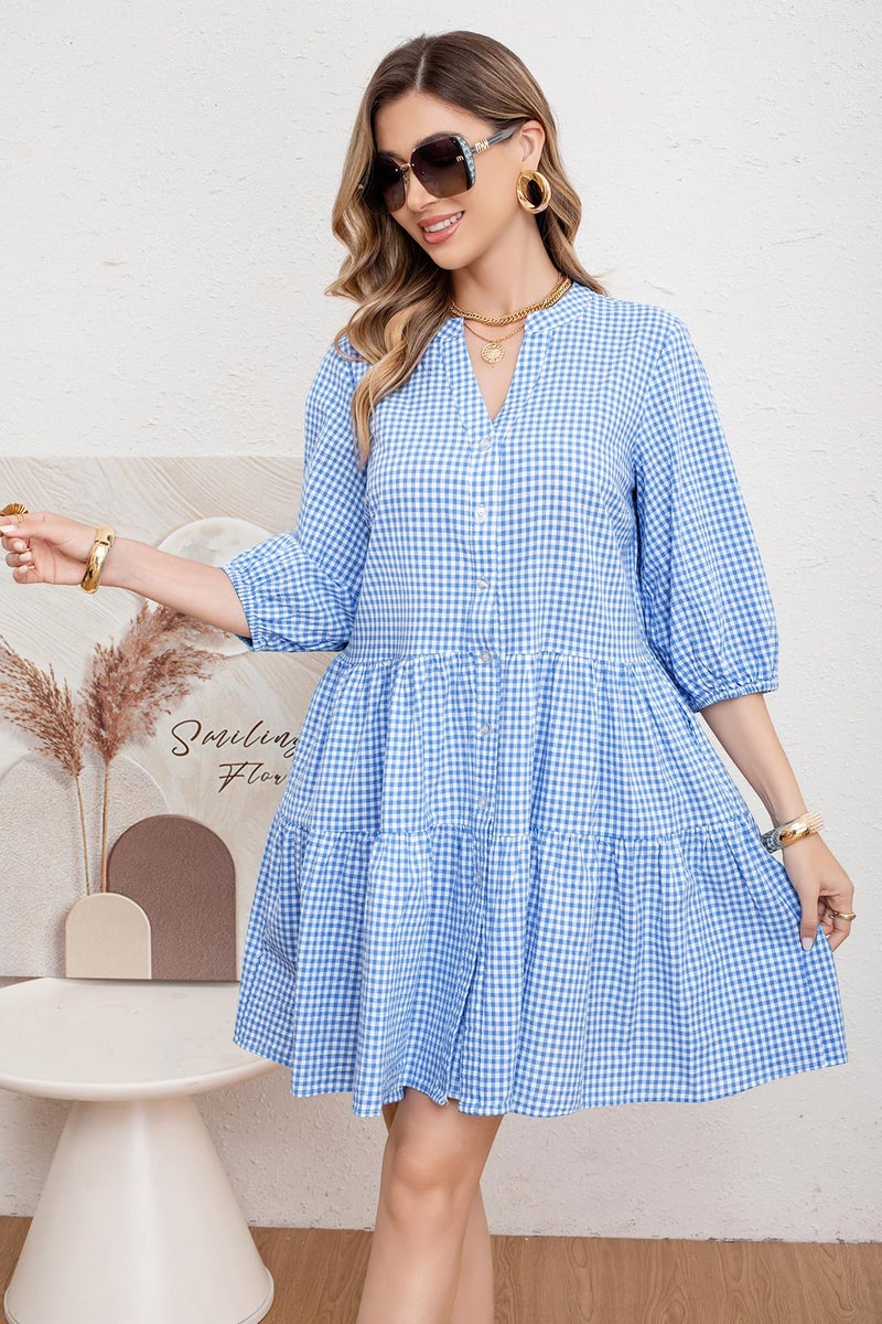 utcoco Women's 2026 Spring Summer Plaid Shirt Dress 3/4 Puff Sleeve Button Down Loose Casual Midi Dress with Pockets (Medium, Blue) - Image 2