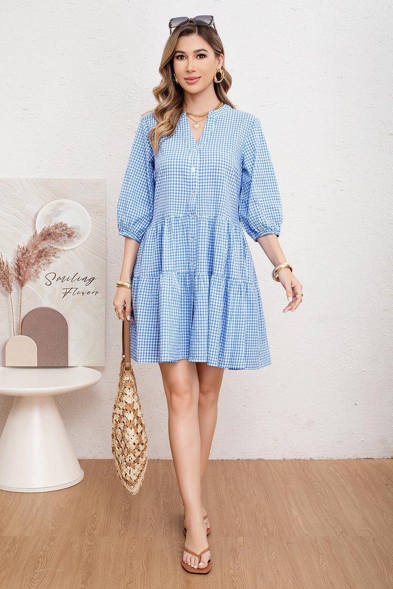 utcoco Women's 2026 Spring Summer Plaid Shirt Dress 3/4 Puff Sleeve Button Down Loose Casual Midi Dress with Pockets (Medium, Blue) - Image 3