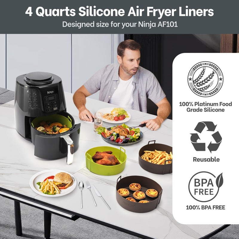 NEWITEE Air Fryer Silicone Liners 4QT For Ninja AF101, 2 Pack BPA Free Platinum Air Fryer Basket Liners with Handle, Round Reusable Liner Ninja Fryer Accessories, Upgrade - Image 2