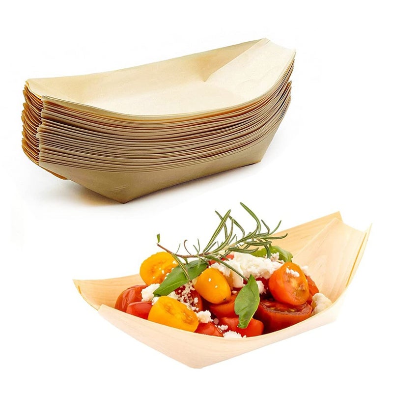YESTOO Disposable Wood Serving Boats Plates Trays100 Pack 6 Disposable Plates for Appetizer Sushi Dessert Buffet Hors doeuvres Serving Tray Biodegradable and Compostable Bowls 100 6 INCH