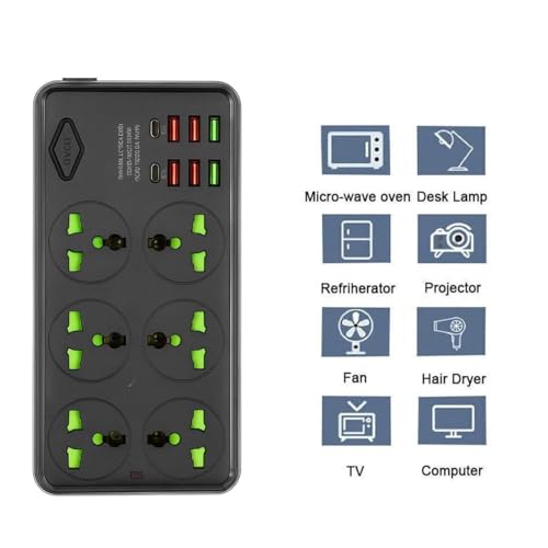BOVTY Extension Board with 20W Fast PD Type C 2500W 10A Extension Cord 4 Universal Socket 38W USB Fast Charging Ports Multi Port Extension for Home,Office,Computer,Mobile 2M Power Cord. (Z69-Black) - Image 5