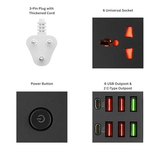 BOVTY Extension Board with 20W Fast PD Type C 2500W 10A Extension Cord 4 Universal Socket 38W USB Fast Charging Ports Multi Port Extension for Home,Office,Computer,Mobile 2M Power Cord. (Z69-Black) - Image 4