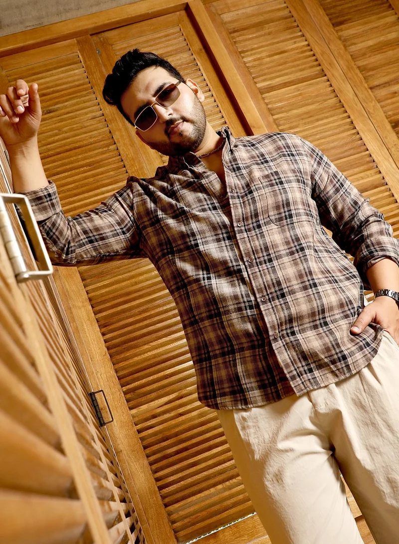 Instafab Plus Instafab Plus Men's Peanut Brown Button-Down Plaid Regular Shirt | Button-Down Collar , Long Cuffed Sleeves , Button Closure , Curved Hemline | Plaid Plain Cotton-Blend For Street & Casual Wear