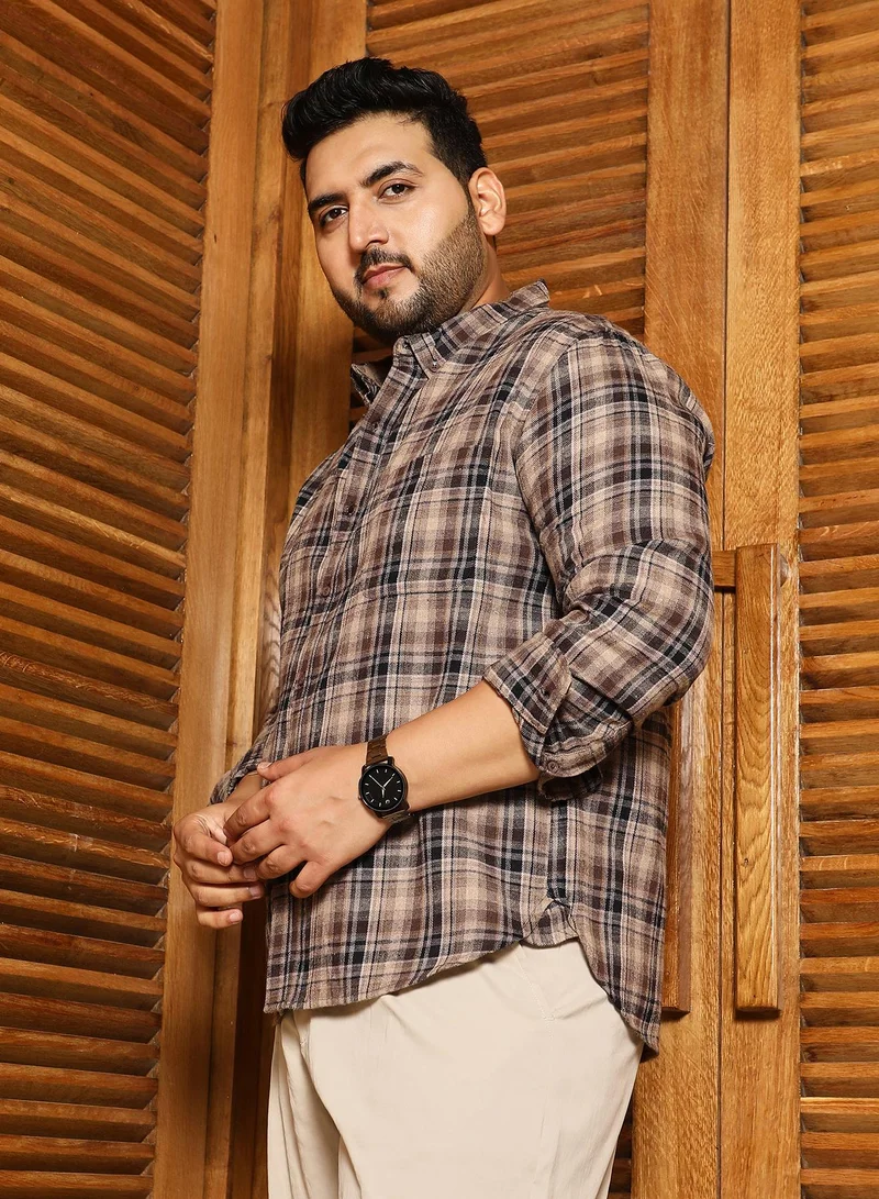 Instafab Plus Instafab Plus Men's Peanut Brown Button-Down Plaid Regular Shirt | Button-Down Collar , Long Cuffed Sleeves , Button Closure , Curved Hemline | Plaid Plain Cotton-Blend For Street & Casual Wear