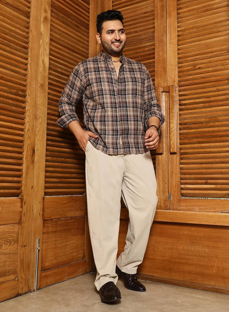 Instafab Plus Instafab Plus Men's Peanut Brown Button-Down Plaid Regular Shirt | Button-Down Collar , Long Cuffed Sleeves , Button Closure , Curved Hemline | Plaid Plain Cotton-Blend For Street & Casual Wear
