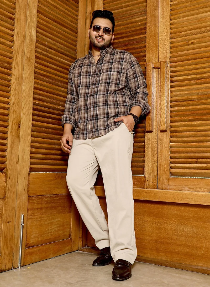Instafab Plus Instafab Plus Men's Peanut Brown Button-Down Plaid Regular Shirt | Button-Down Collar , Long Cuffed Sleeves , Button Closure , Curved Hemline | Plaid Plain Cotton-Blend For Street & Casual Wear