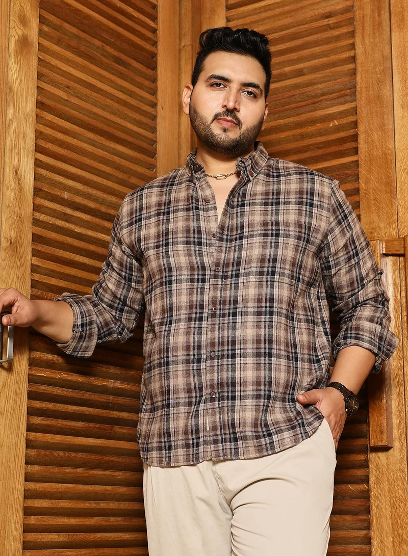 Instafab Plus Instafab Plus Men's Peanut Brown Button-Down Plaid Regular Shirt | Button-Down Collar , Long Cuffed Sleeves , Button Closure , Curved Hemline | Plaid Plain Cotton-Blend For Street & Casual Wear