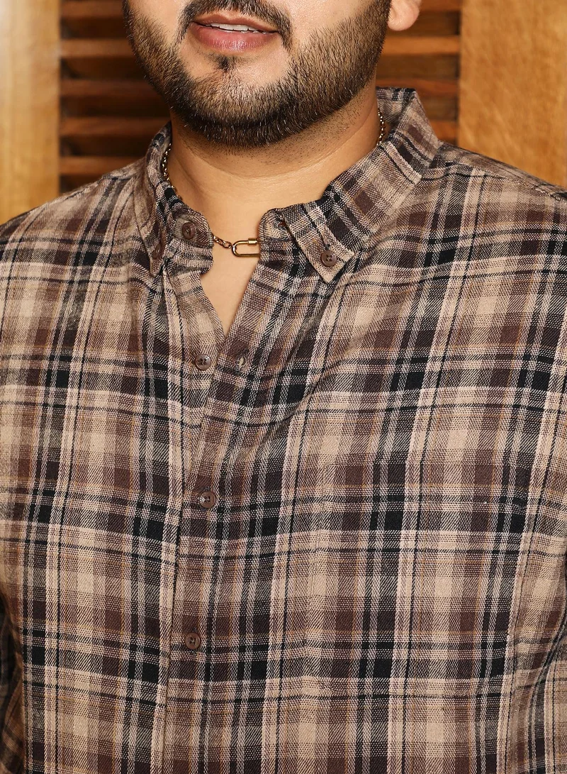 Instafab Plus Instafab Plus Men's Peanut Brown Button-Down Plaid Regular Shirt | Button-Down Collar , Long Cuffed Sleeves , Button Closure , Curved Hemline | Plaid Plain Cotton-Blend For Street & Casual Wear