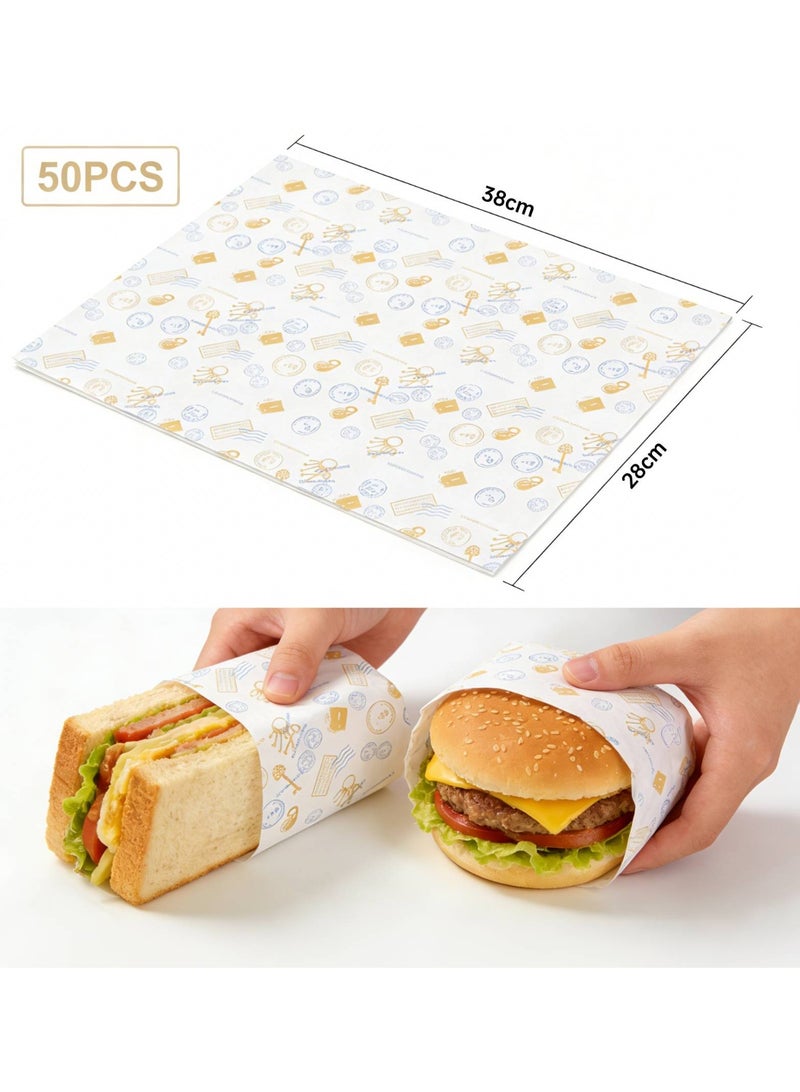 50-Piece Large Sandwich Bread Burger Fries Food Grade Wrapping Silicone Greaseproof Paper, Air Fryer Special Oil Proof Paper, Waterproof and Oil Proof Paper for Baking, Suitable for Home Kitchen/Restaurant/Hotel/Commercial,  Microwave-safe(38 x 28cm)