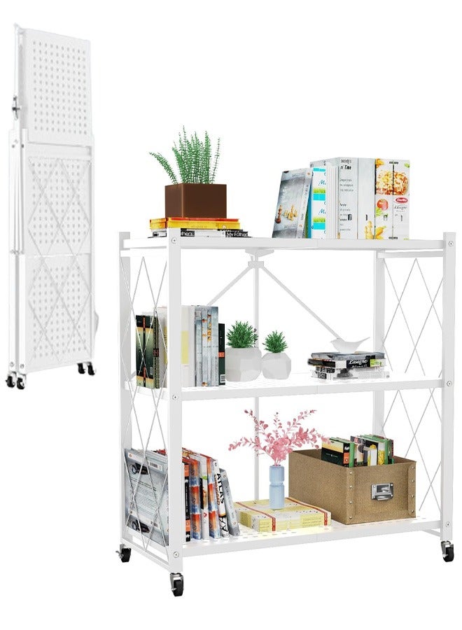 VUCATIN رف تخزين قابل للطي مع عجلات، وحدة عرض رفوف معدنية قابلة للطي، عربة متدحرجة للكتب وأرفف تخزين المطبخ ومنظم المؤن والخزانة وديكور غرفة المكتب (أبيض، 3 طبقات) - Image 1