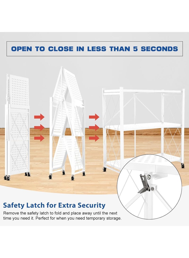 VUCATIN رف تخزين قابل للطي مع عجلات، وحدة عرض رفوف معدنية قابلة للطي، عربة متدحرجة للكتب وأرفف تخزين المطبخ ومنظم المؤن والخزانة وديكور غرفة المكتب (أبيض، 3 طبقات) - Image 2