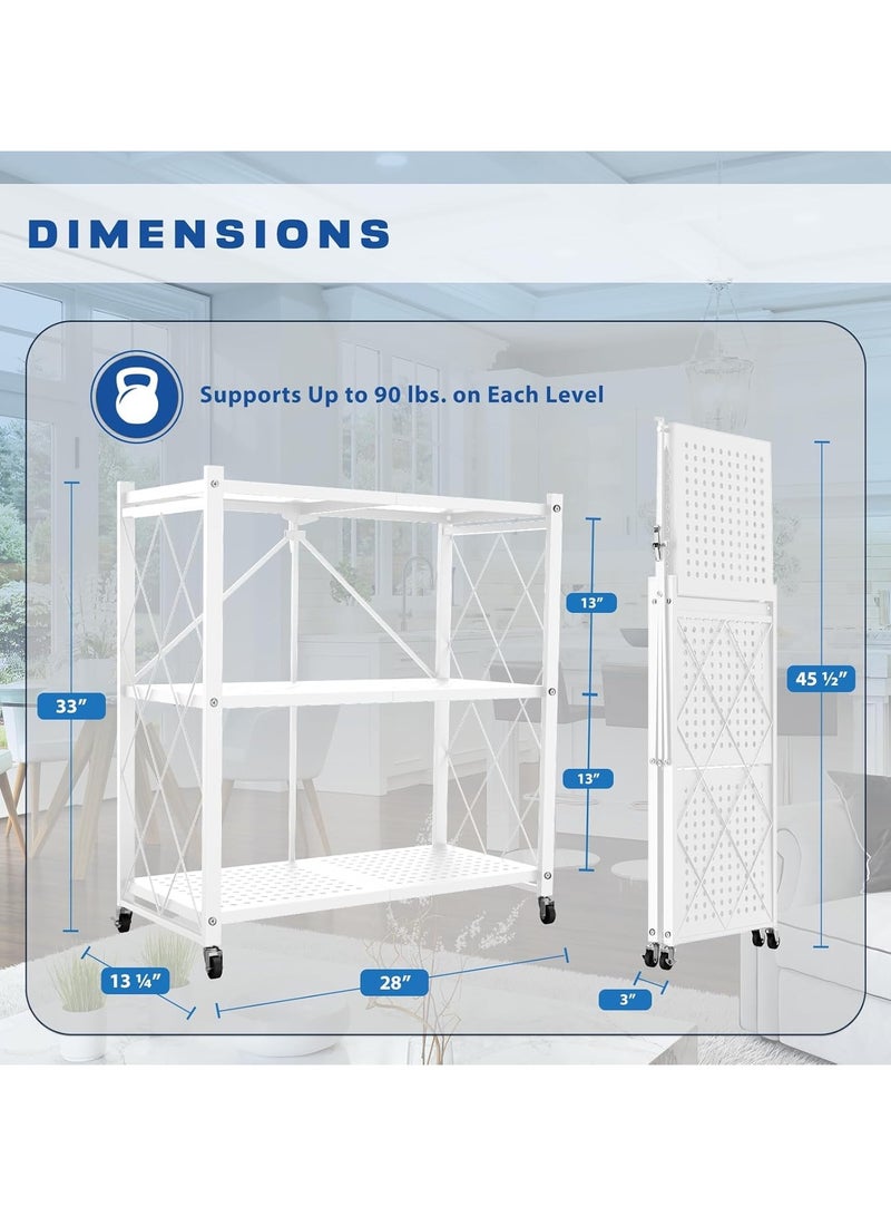 VUCATIN رف تخزين قابل للطي مع عجلات، وحدة عرض رفوف معدنية قابلة للطي، عربة متدحرجة للكتب وأرفف تخزين المطبخ ومنظم المؤن والخزانة وديكور غرفة المكتب (أبيض، 3 طبقات) - Image 5