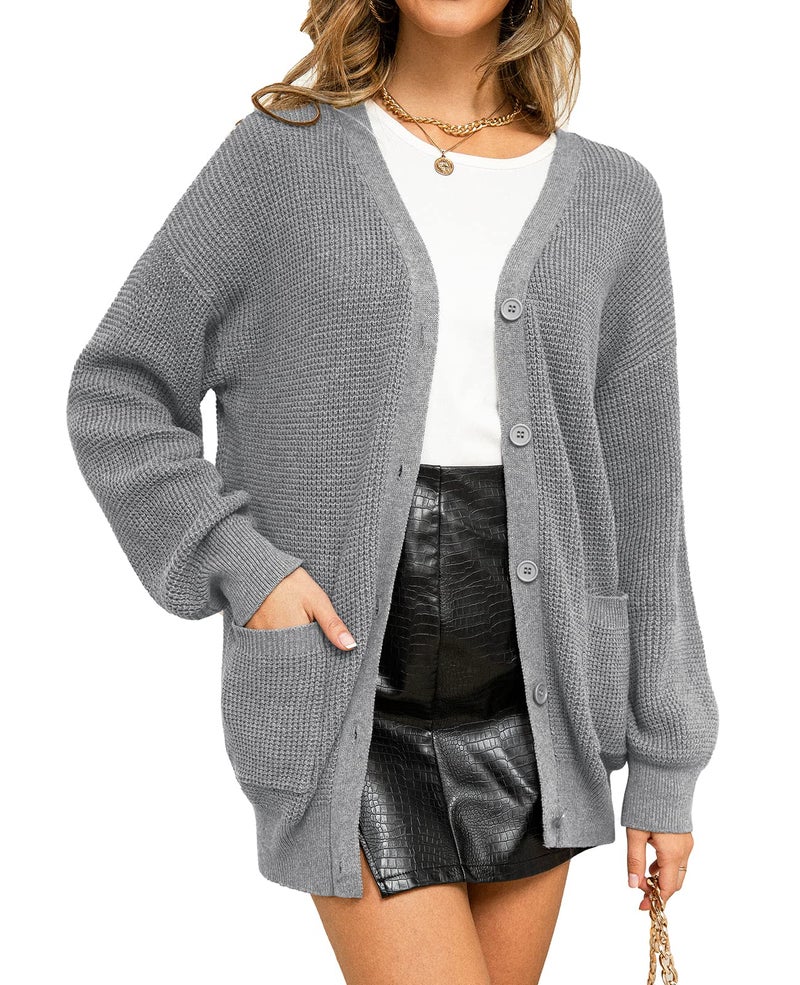 QUALFORT Women's 100% Cotton Cardigan Sweaters for Women Button Down Oversized Knit Outerwear with Pockets Fall Cardigans 2026 Grey Large - Image 4