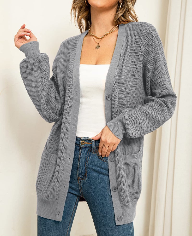 QUALFORT Women's 100% Cotton Cardigan Sweaters for Women Button Down Oversized Knit Outerwear with Pockets Fall Cardigans 2026 Grey Large - Image 2