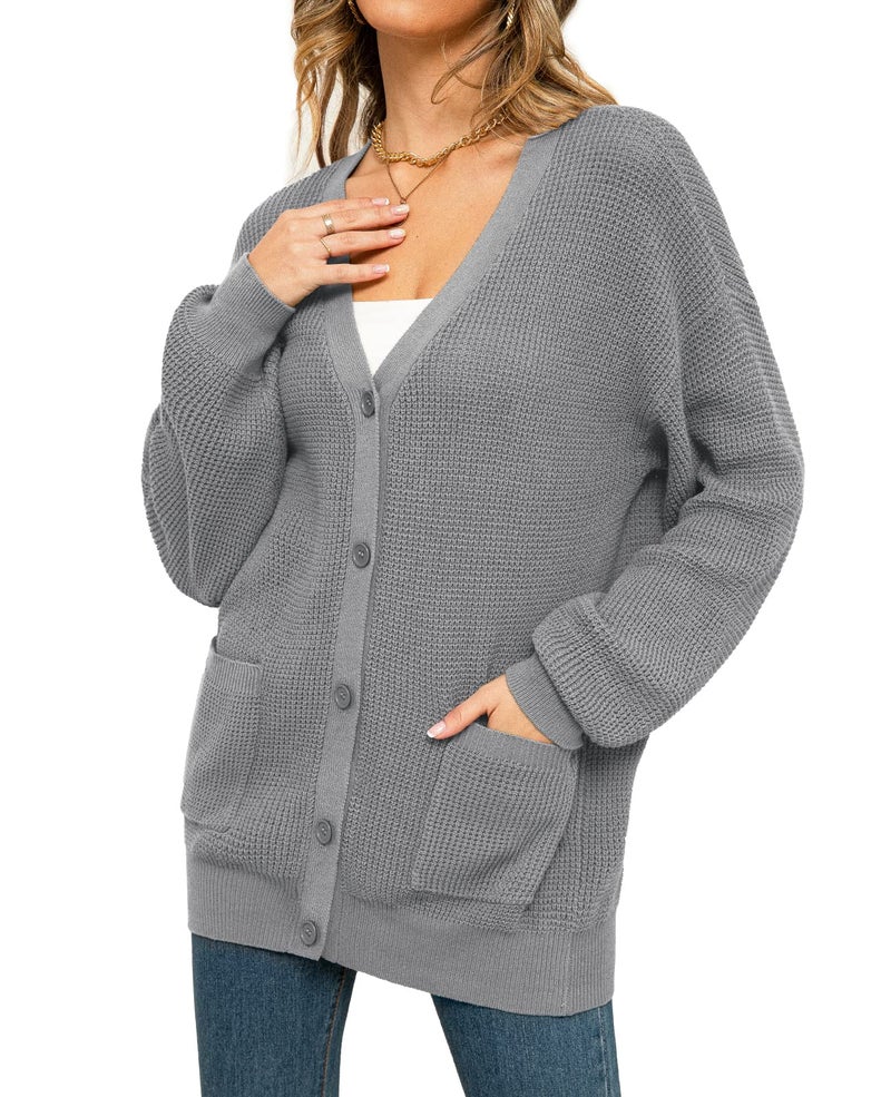 QUALFORT Women's 100% Cotton Cardigan Sweaters for Women Button Down Oversized Knit Outerwear with Pockets Fall Cardigans 2026 Grey Large - Image 5