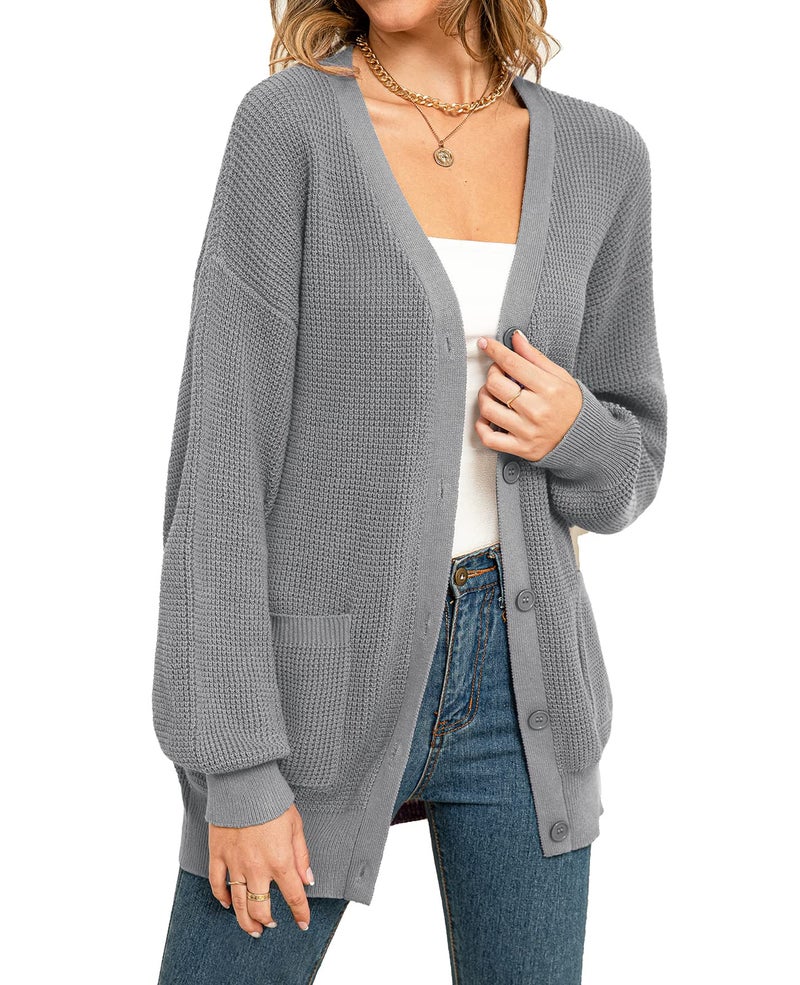 QUALFORT Women's 100% Cotton Cardigan Sweaters for Women Button Down Oversized Knit Outerwear with Pockets Fall Cardigans 2026 Grey Large - Image 1