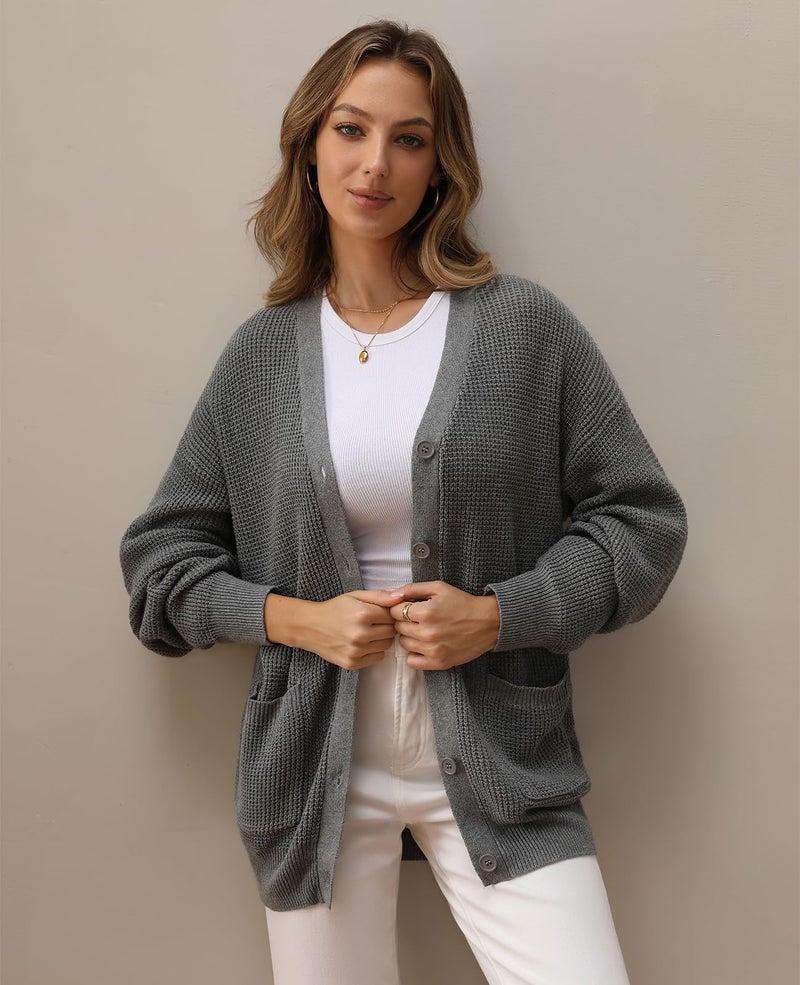 QUALFORT Women's 100% Cotton Cardigan Sweaters for Women Button Down Oversized Knit Outerwear with Pockets Fall Cardigans 2026 Grey Large - Image 3