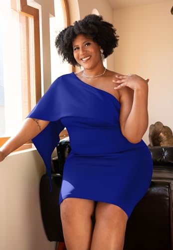GOBLES Women's Summer Sexy One Shoulder Ruffle Bodycon Midi Cocktail Dress Royal Blue - Image 5