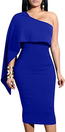 GOBLES Women's Summer Sexy One Shoulder Ruffle Bodycon Midi Cocktail Dress Royal Blue - Image 1