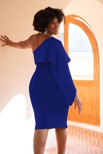 GOBLES Women's Summer Sexy One Shoulder Ruffle Bodycon Midi Cocktail Dress Royal Blue - Image 4