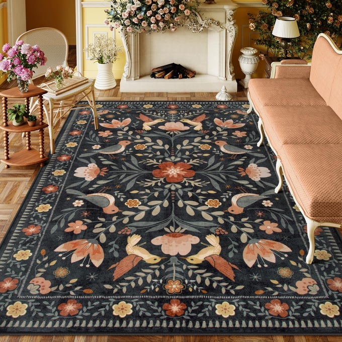 BOHO BIRDS 8X10 AREA RUGS FOR LIVING ROOM BLACK FLORAL BEDROOM RUG WASHABLE LOWPILE PLAYROOM RUG VINTAGE SOFT JUNGLE PATTERN INDOOR FLOOR CARPET FOR NURSERY DINING ROOM