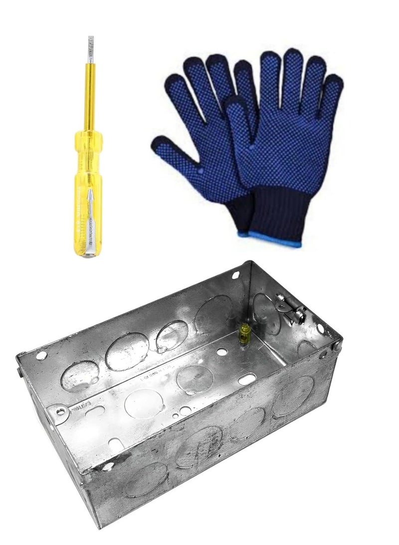 ABBASALI Electrical Metal Box GI Box Galvanised Metal Back Deep Box With Tester & Gloves (Pack Of 1, 6 x 3) - Image 1