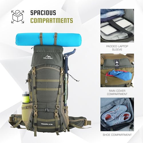 TRAWOC TRIUMPH X 75 Liter Camping Backpack Trekking Hiking Ruckssack Travel Bag Front & Top Loading Laptop/Rain Cover/Shoe Compartment, BHK009, Hunter Green - Image 4