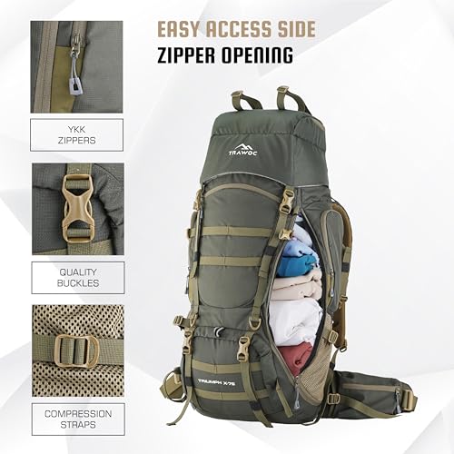 TRAWOC TRIUMPH X 75 Liter Camping Backpack Trekking Hiking Ruckssack Travel Bag Front & Top Loading Laptop/Rain Cover/Shoe Compartment, BHK009, Hunter Green - Image 3