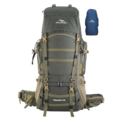 TRAWOC TRIUMPH X 75 Liter Camping Backpack Trekking Hiking Ruckssack Travel Bag Front & Top Loading Laptop/Rain Cover/Shoe Compartment, BHK009, Hunter Green - Image 1