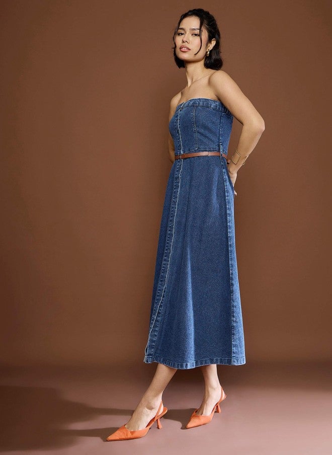 ساسافراس فستان ميدي دنيم بدون حمالات للنساء - Image 4