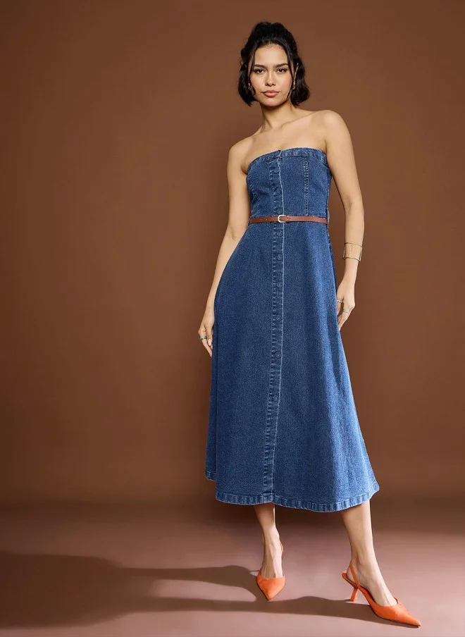 SASSAFRAS Denim Bandeau Midi Dress for Women