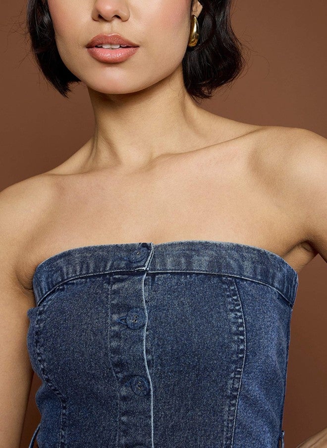 ساسافراس فستان ميدي دنيم بدون حمالات للنساء - Image 3