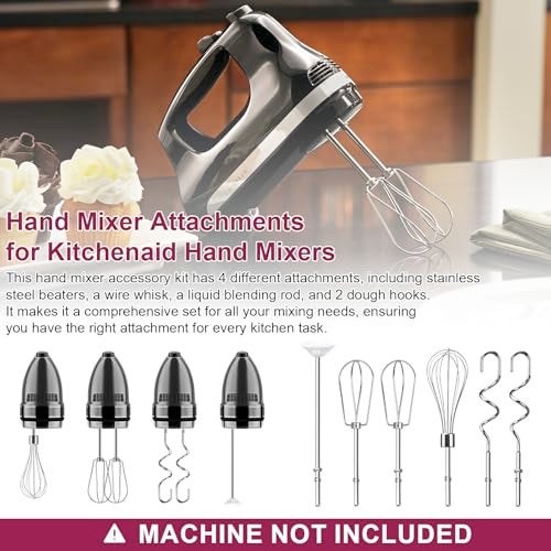 HWEIUA Hand Mixer Beaters Attachments Whisk Dough Hooks and Liquid Blending Rod Stainless Steel Hand Mixer Accessories Compatible with Kitchenaid Hand Mixers KHM3 KHM5 KHM7 KHM9 KHM926 KHM512 Set of 6 - Image 3