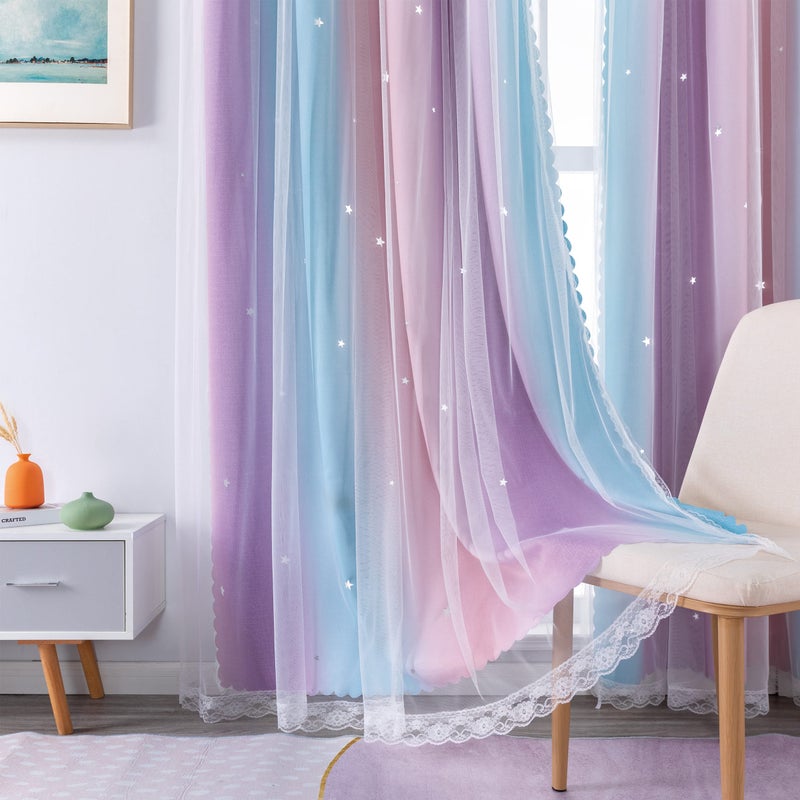 XiDi Curtains for Bedroom Decor, Rainbow Pink Purple/42/63 - Image 3