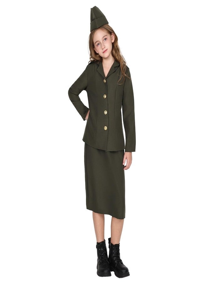 EraSpooky Girls WW2 Army Costume Kids 1940s Military Soldier Halloween Uniform with Jacket Skirt and Hat - Image 4