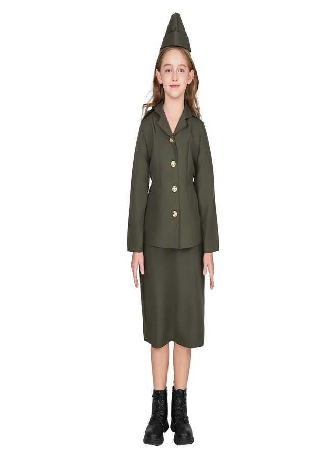 EraSpooky Girls WW2 Army Costume Kids 1940s Military Soldier Halloween Uniform with Jacket Skirt and Hat - Image 3