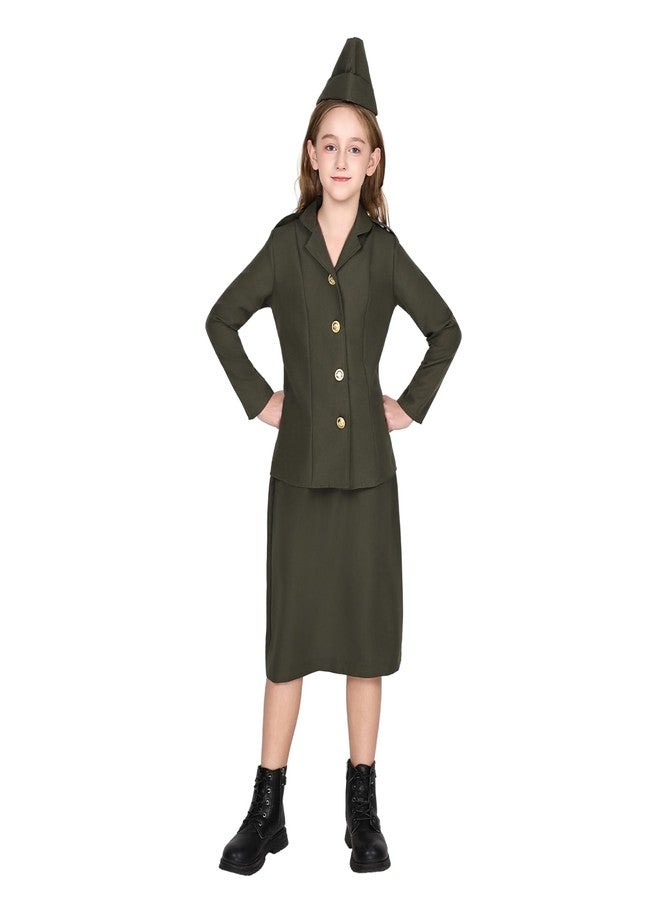 EraSpooky Girls WW2 Army Costume Kids 1940s Military Soldier Halloween Uniform with Jacket Skirt and Hat - Image 1