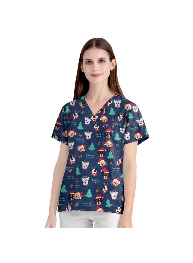 NIBEMINENT Elastic Teeth Dental Christmas Cartoon Pattern Short Sleeved Women's V-Neck Printed Top Nurse Uniform - Image 1