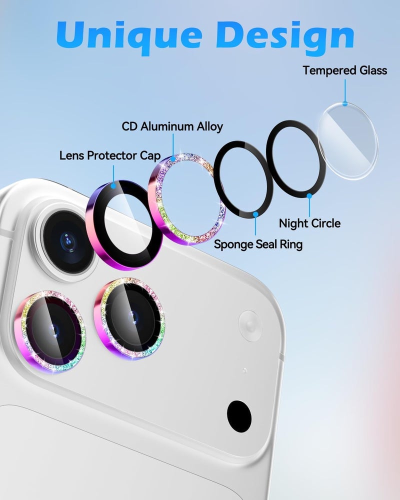 CloudValley Glitter Camera Lens Protector for iPhone 17 Pro/iPhone 17 Pro Max, Anti-Scratch HD Tempered Glass, Shatterproof Metal Ring Cover, Easy Installation, Glitter Colorful - Image 3