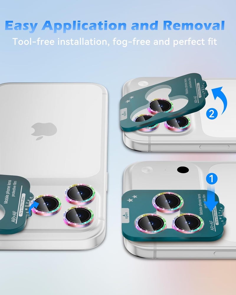 CloudValley Glitter Camera Lens Protector for iPhone 17 Pro/iPhone 17 Pro Max, Anti-Scratch HD Tempered Glass, Shatterproof Metal Ring Cover, Easy Installation, Glitter Colorful - Image 5