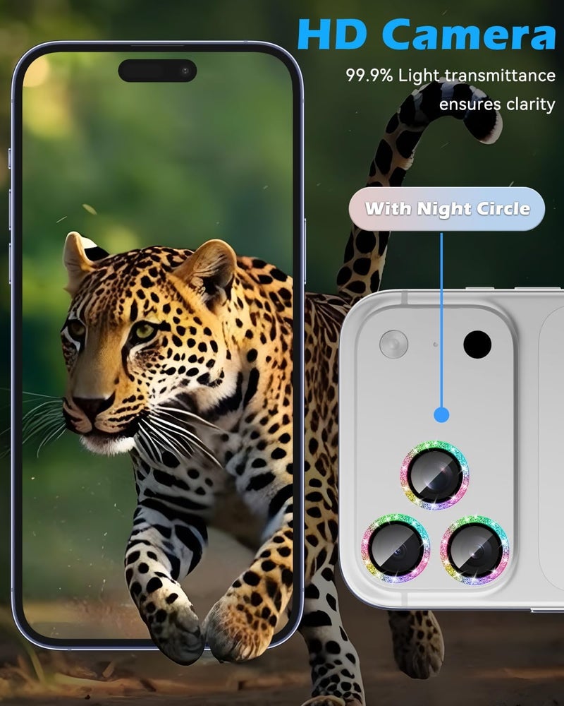 CloudValley Glitter Camera Lens Protector for iPhone 17 Pro/iPhone 17 Pro Max, Anti-Scratch HD Tempered Glass, Shatterproof Metal Ring Cover, Easy Installation, Glitter Colorful - Image 2