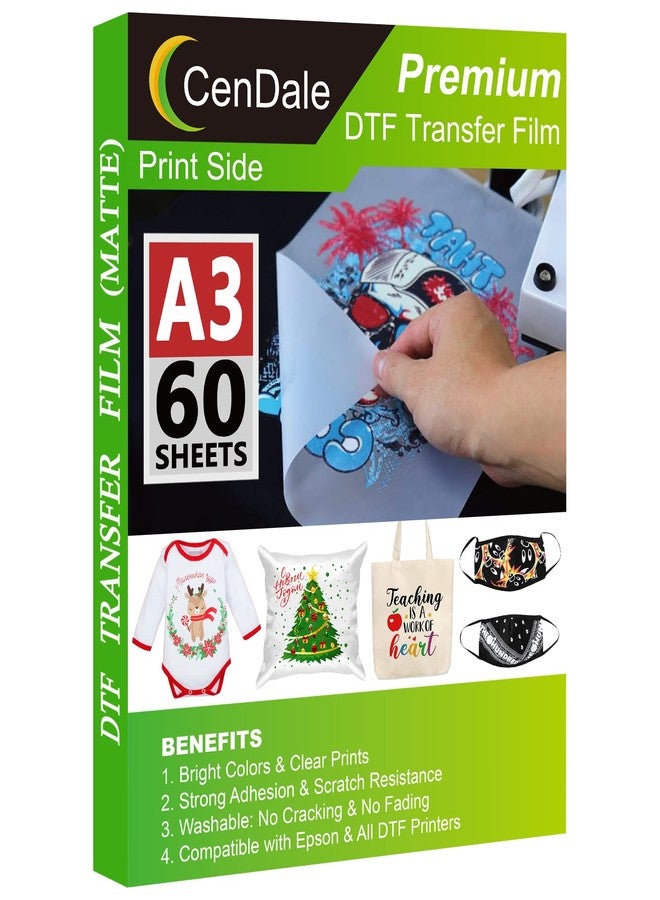 CenDale DTF Transfer Film - A3 (11.7" x 16.5") 60 Sheets Double-Sided Matte Clear PreTreat Sheets- PET Film Sheets DTF for DIY Direct Print on T-Shirts Textile - Image 1