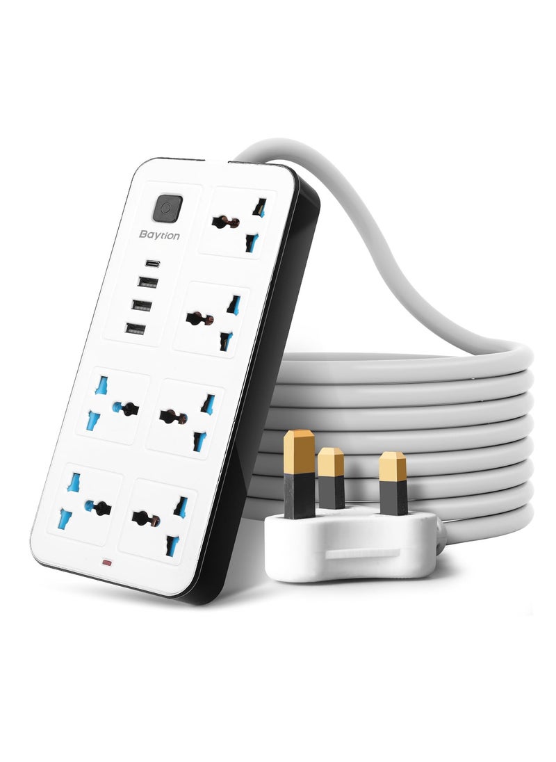 Arabest Universal Extension Lead with Multiple Function,UK Plug 3 Pin Socket Outlet with 6 Gang | 3 USB Port | 1 Type-C Port,1.8M Electric Socket Mains Strip for Home,Kitchen,and Office  - Image 1